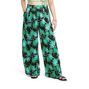 Women's Feathered Palm Print Wide Leg Pants - Fe Noel NWT Green/Black M